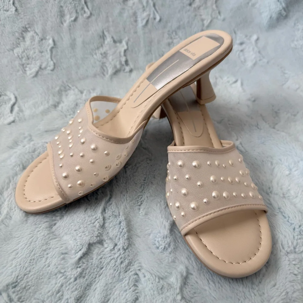 Dolce Vita Pearl-Studded Cream Slide Heels